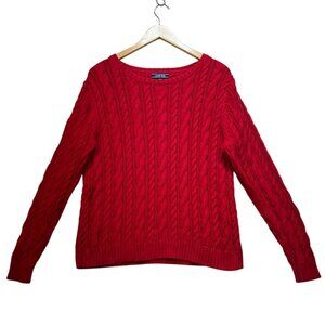 Lands' End Women Cable Knit Sweater Size XL Red Fisherman Boat Neck Casual
